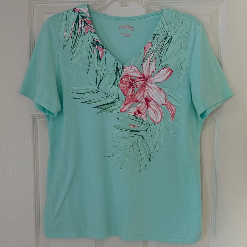 Coral Bay Mint Green/Aqua Floral Short Sleeve Top with rhinestone embellishment.